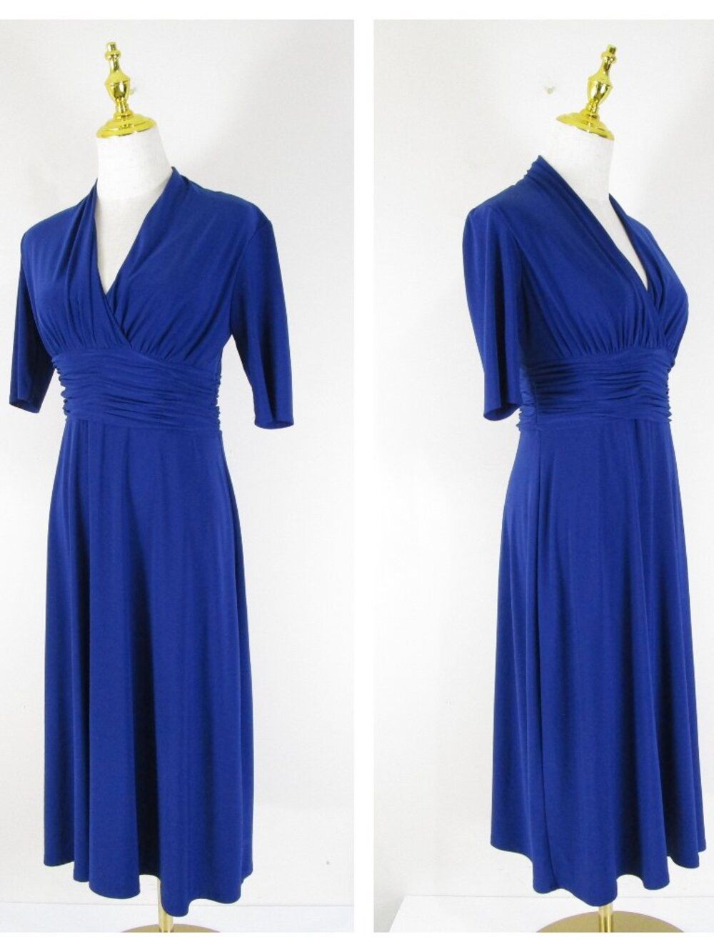 Evan Picone Navy Royal Blue Pleated Modest A-line Fit Flare V Neck Dress Size 4